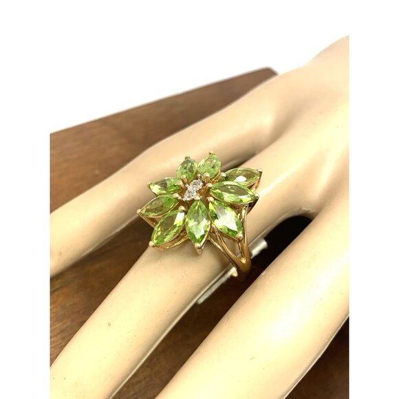 Green Gemstone Diamond Floral Cocktail Ring 14k Yellow Gold Womens Estate Size 7 - Picture 13 of 15